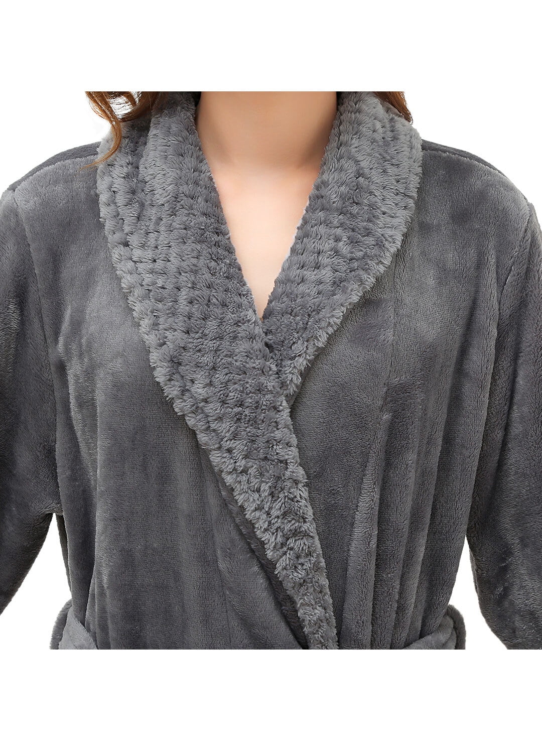 Grey Long Fluffy Fleece Bath Robe with Front Pocket and Adjustable Belt Q329
