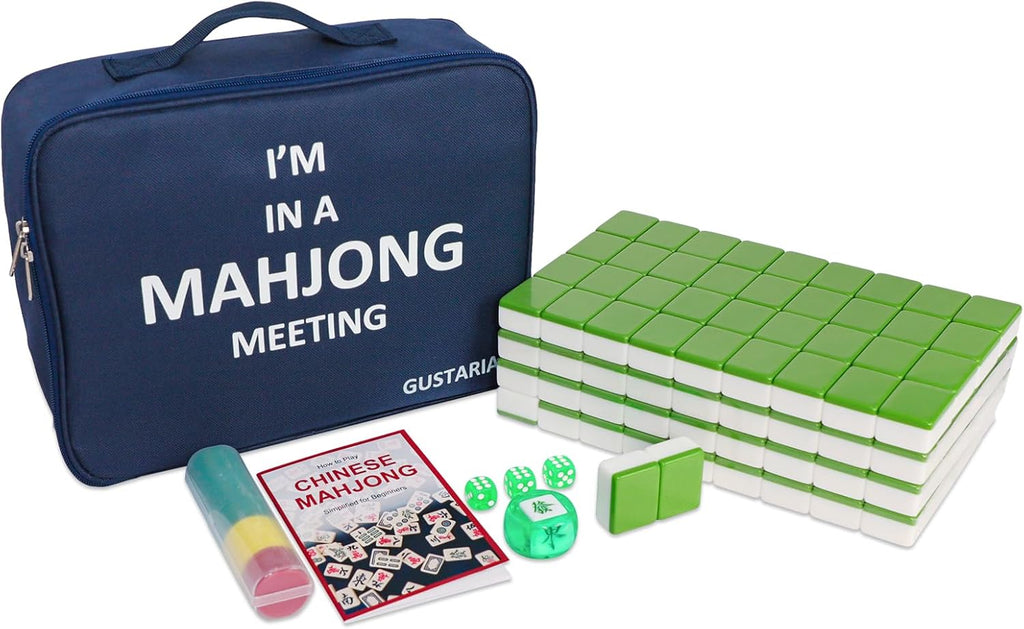 1.65'' Large Size 146 Green Tiles Mahjong Set with Blue Carrying Bag P9264