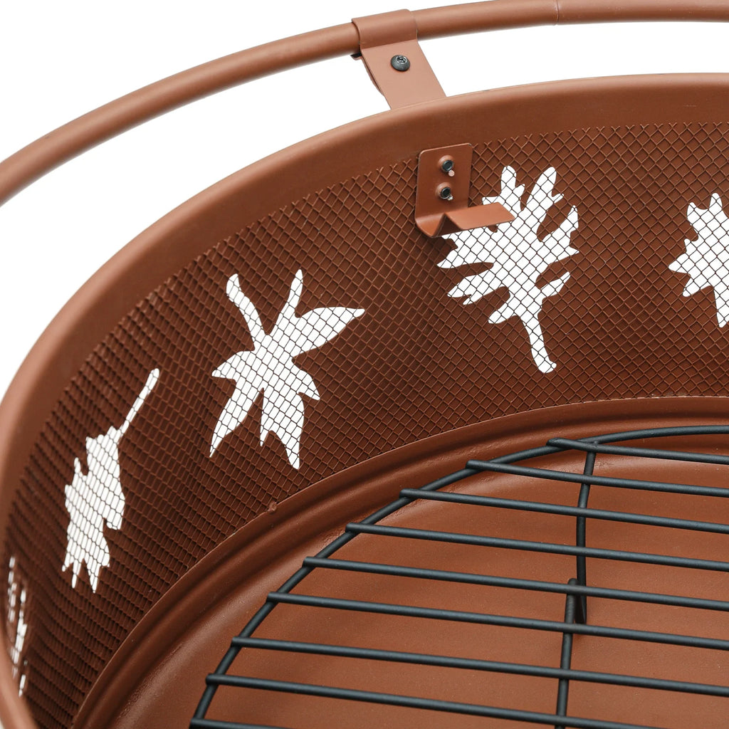 Brown Round Outdoor Fire Pit with Log Grate, Poker & Spark Screen W9427