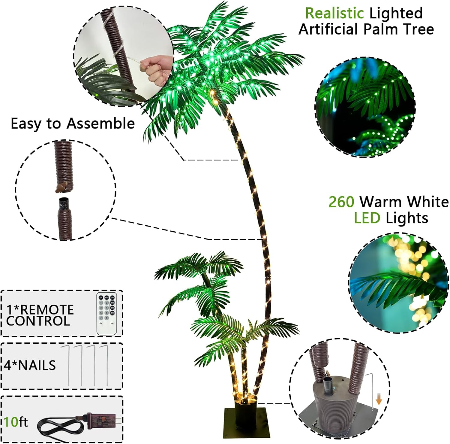 7FT Artificial Lighted Palm Trees with 260 LED Lighted Three Trunks O514177