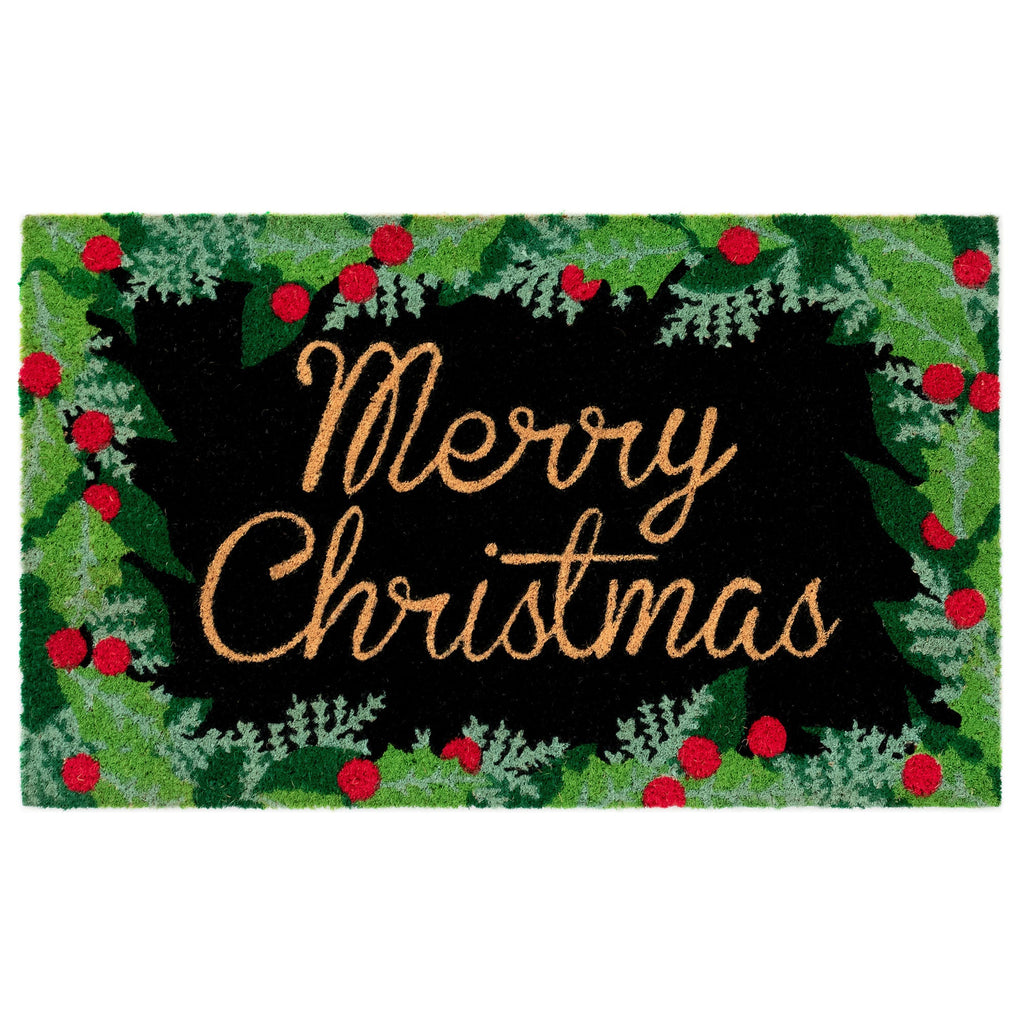 Natura Merry Christmas Holly Coir Doormat with Non-Slip Backing