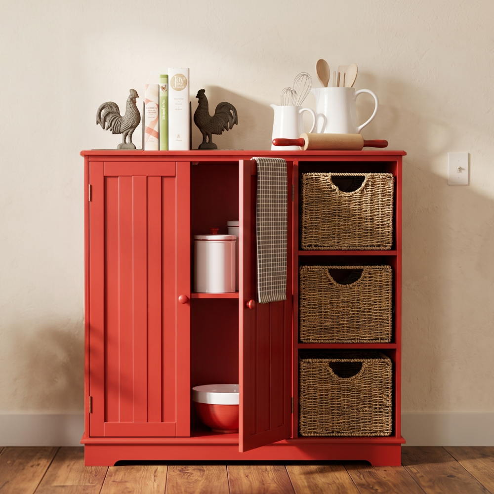 Beadboard Storage Cabinet with 3 Shelves and Cupboard