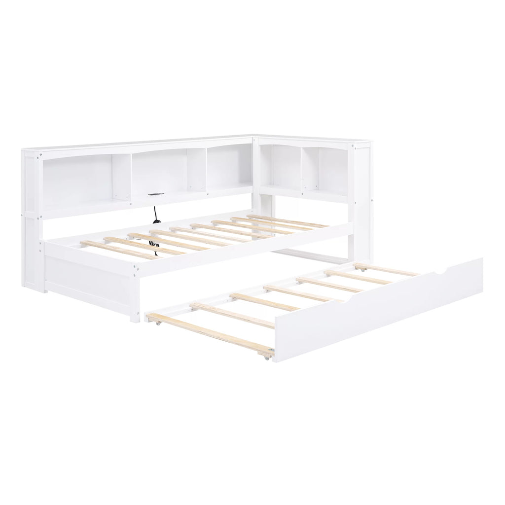 Twin over Twin Size Wood Daybed with Trundle and Storage Cabinets (White) B697879