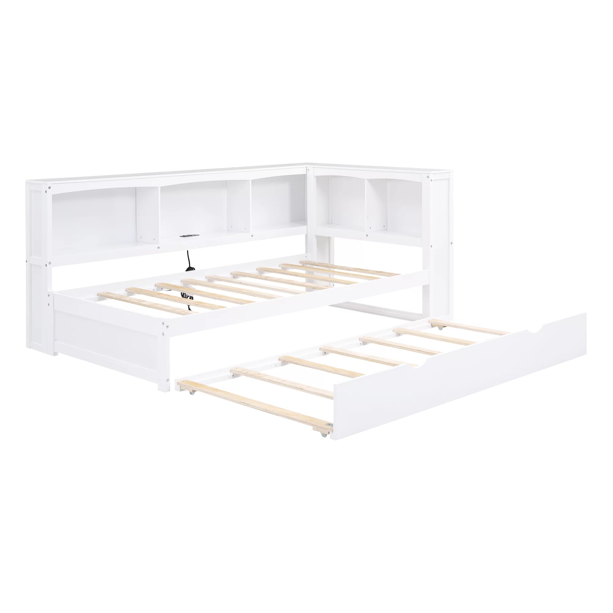 Twin over Twin Size Wood Daybed with Trundle and Storage Cabinets (White) B697879
