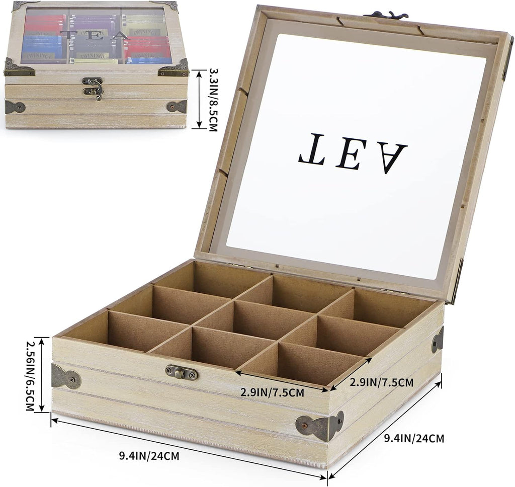 Wood Tea Box Organizer with Glass Lid, 9 Compartments U577197