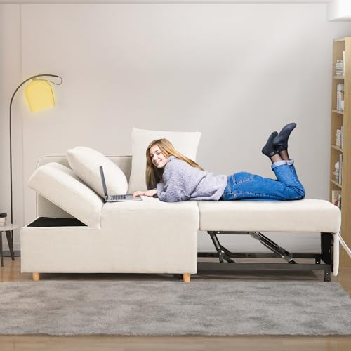 Beige 3-Seat Linen Fabric Convertible Sofa Bed with 2 Throw Pillows C38437