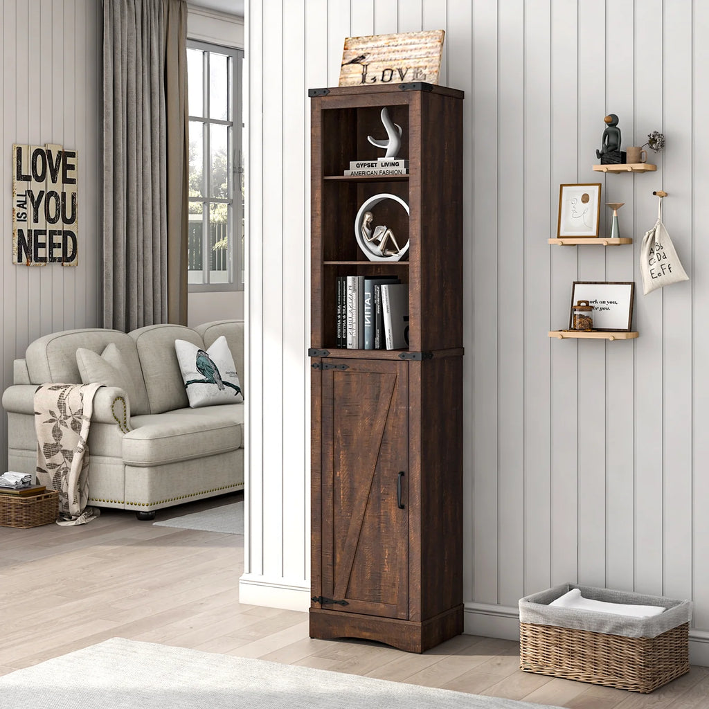 5-Shelf Tall Storage Cabinet with Barn Door and Adjustable Shelves, Brown A7885