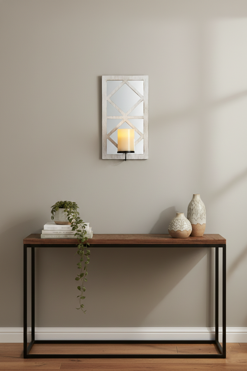 Windowpane Mirror Wall Sconce With Candle - Black, Natural, or White