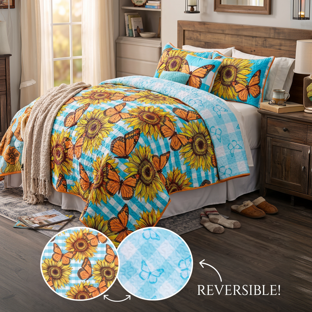 Sunflower Butterfly Full/Queen or King Quilt, Sham, or Decorative Pillow