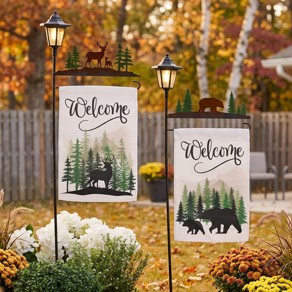 Welcome Flag Lodge Themed With Pole And Lighted Lantern Bear Or Deer