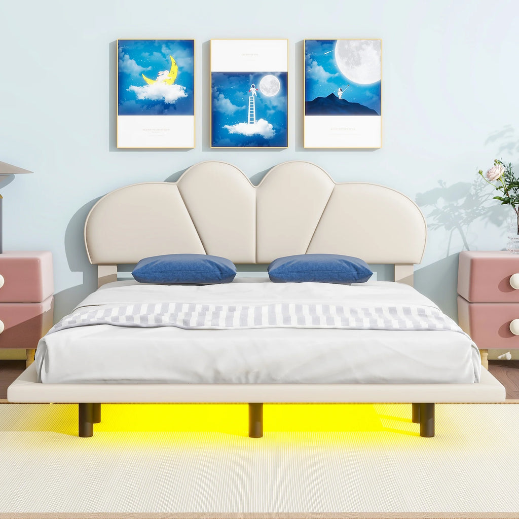 Beige Full Size Upholstered Platform Bed with LED Lights Y90169