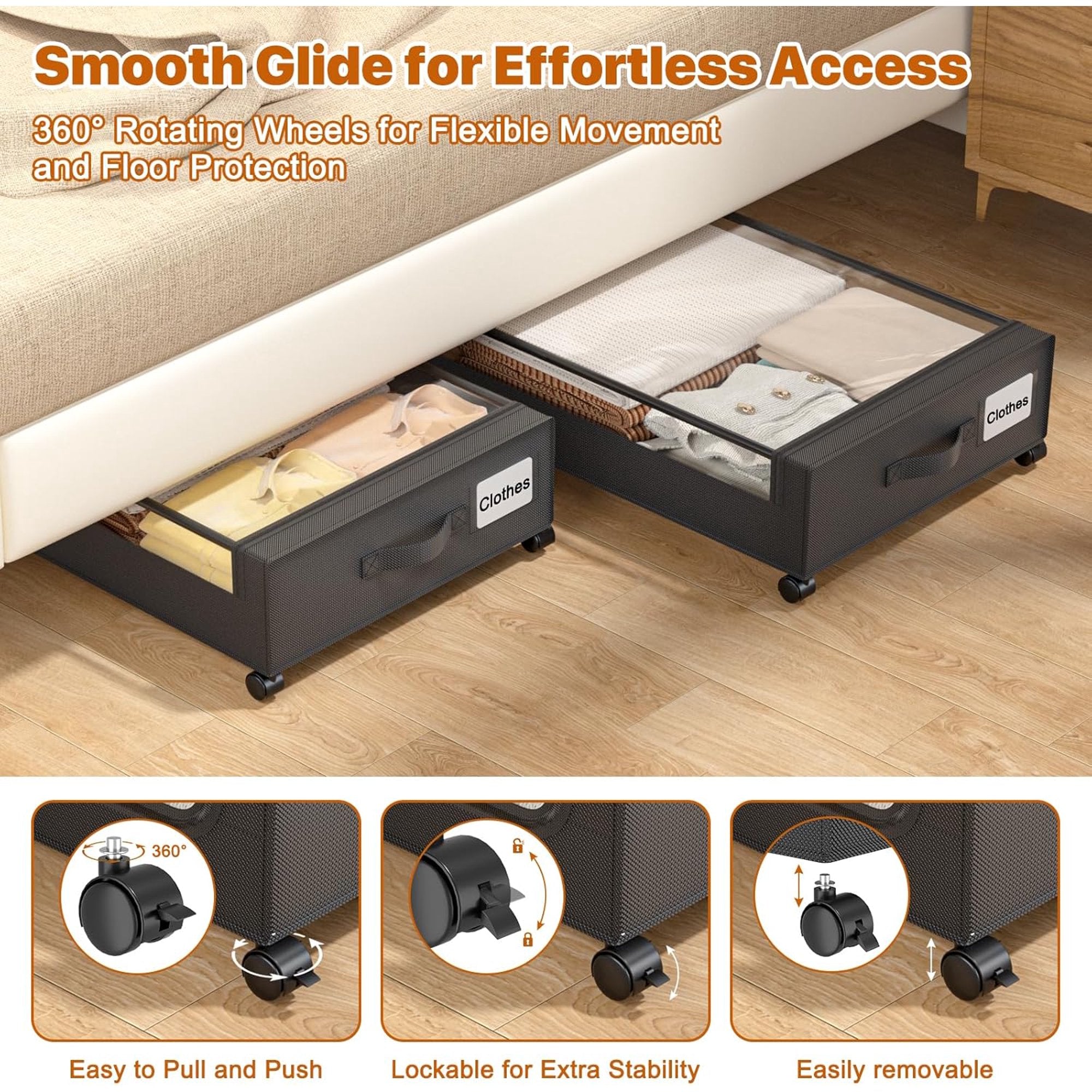 White 4 Pack 60L Under Bed Storage Bins with Wheels and Clear Lids J28832