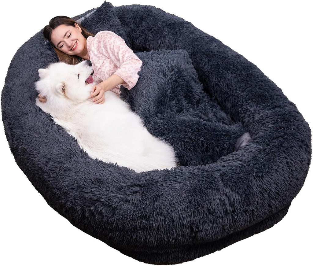 75"x48"x14" Dark Grey Faux Fur Human Size Dog Bed F443994