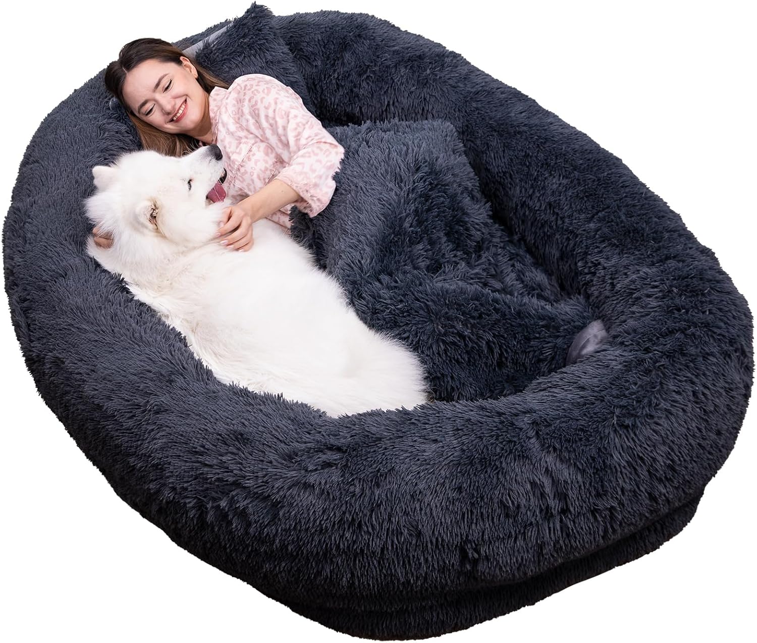 75"x48"x14" Dark Grey Faux Fur Human Size Dog Bed F443994