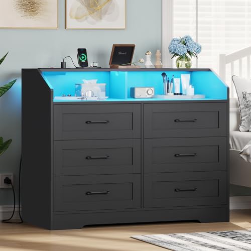 White 6 Drawers Wood Dresser with LED Lights and Charging Station C8955