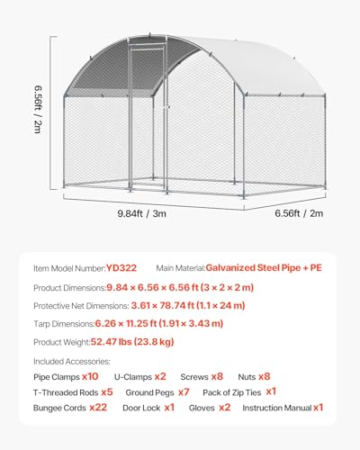 Large Metal Chicken Coop with Run, 9.8x26.5x6.5 ft Walk-in Chicken Runs with Cover, Spire Roof Hen House with Security Lock O941542
