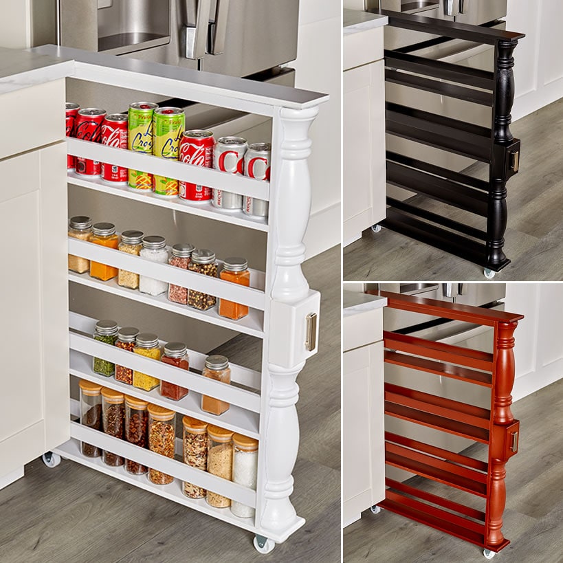 Slim Wooden Spice Rack Cabinet with Wheels - Black, Walnut or White