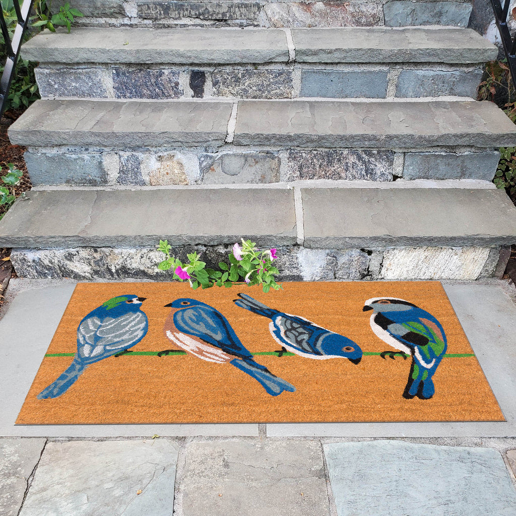 Natura Blue Birds Coir Doormat with Non-Slip Backing