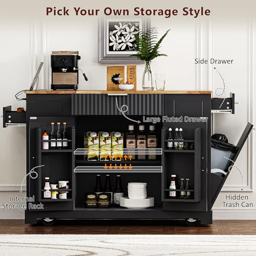 60" Kitchen Island with Drop Leaf and Power Outlet, Rolling Kitchen Cart with Trash Can Storage Cabinet A291679