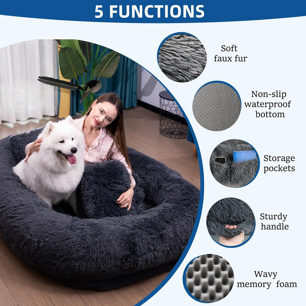 75"x48"x14" Dark Grey Faux Fur Human Size Dog Bed F443994
