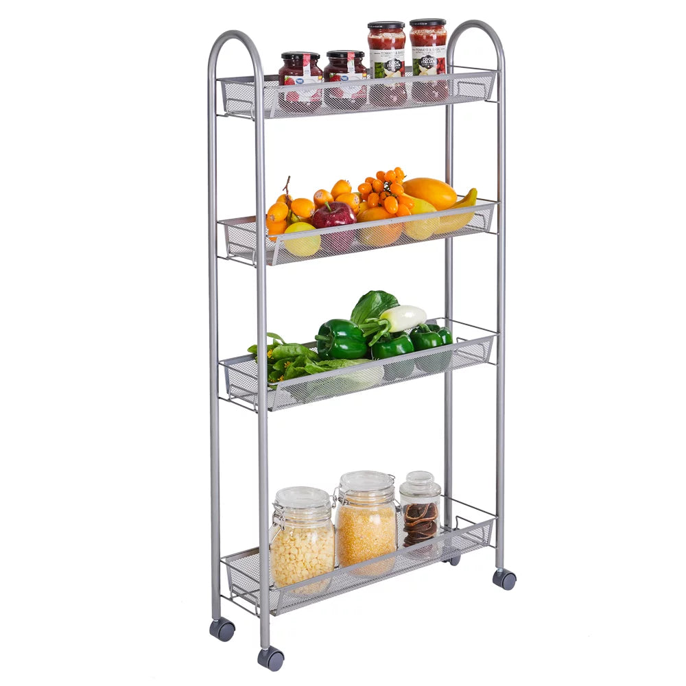 4 Tier Slim Storage Cart Mobile Shelving Unit Organizer Rolling Utility Cart Tower Rack Plastic Stainless Steel Silver N262635