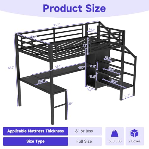 Full Size Metal Loft Bed Frame with L Shaped Desk, Wardrobe, Storage Stairs, Charging Station & Safety Guard Q252