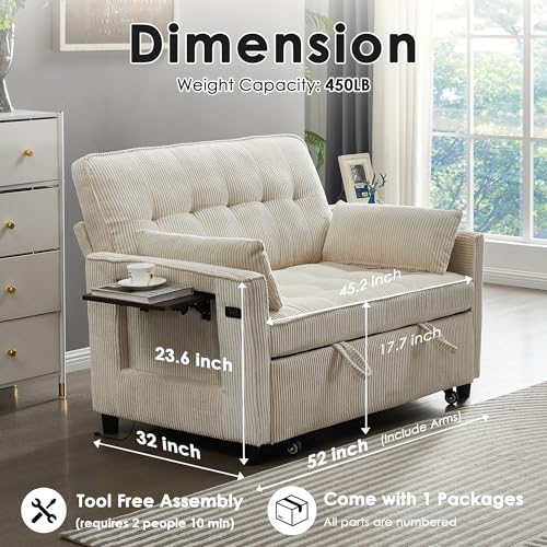 Beige Corduroy Convertible Pull Out Couch with USB Port Y973161