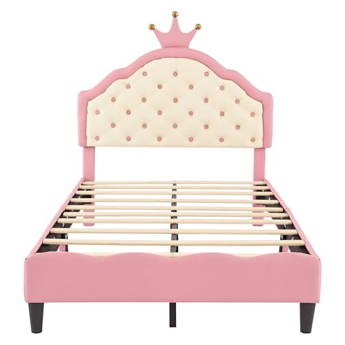 Twin Size Pink Upholstered Bed Frame with Tufted Headboard V584310