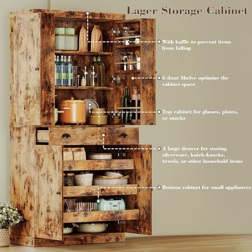 White 72" Tall Kitchen Pantry Cabinet with Sliding Storage Rack and 6 Hanging Shelves E2215