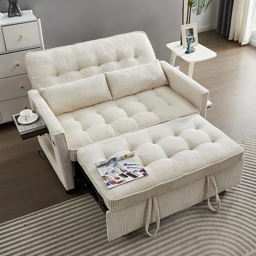 Beige Corduroy Convertible Pull Out Couch with USB Port Y973161