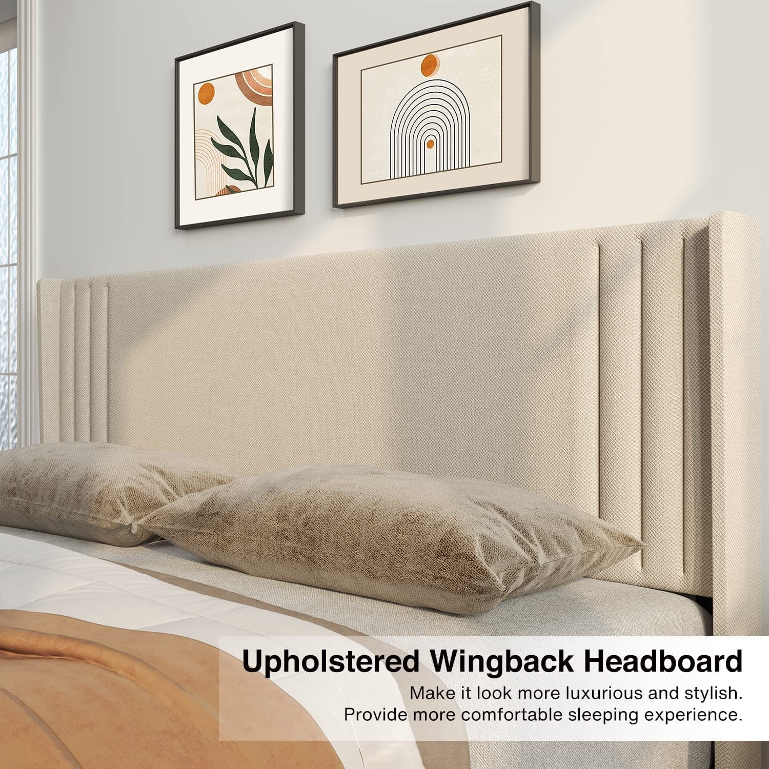 Queen Bed Frame with Wing Back Upholstered Headboard Beige Z440369
