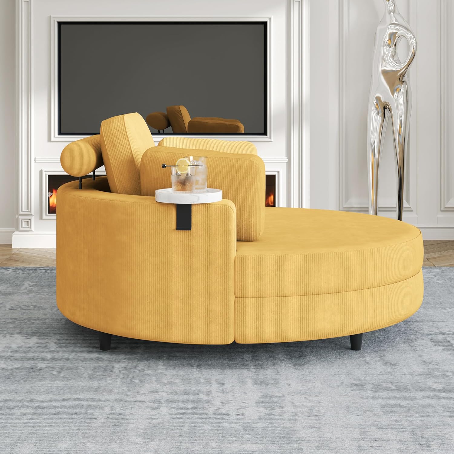 Oversized Corduroy Barrel Armchair with Adjustable Headrest, 4 Pillows, Storage Ottoman & Removable Tray V820634