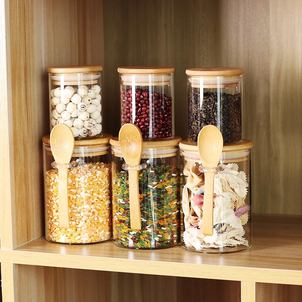 3 Pack 17 oz Glass Jars with Lids and Spoons and 3 Pack 6 oz Glass Spice Jars with Lids, Clear Glass Jars Set of 6 W9714