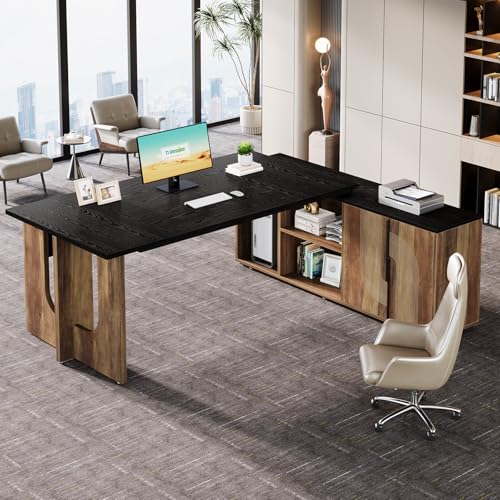 74.8" L Shaped Computer Desk with Shelves and CPU Storage, Black and Brown Y94297