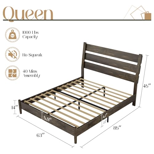 Dark Brown Solid Wood King Bed Frame with Slatted Headboard Z1678