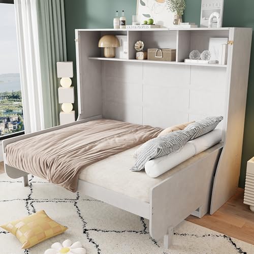 Antique White Solid Wood Full Size Murphy Bed with Desk and Storage Shelves E534828