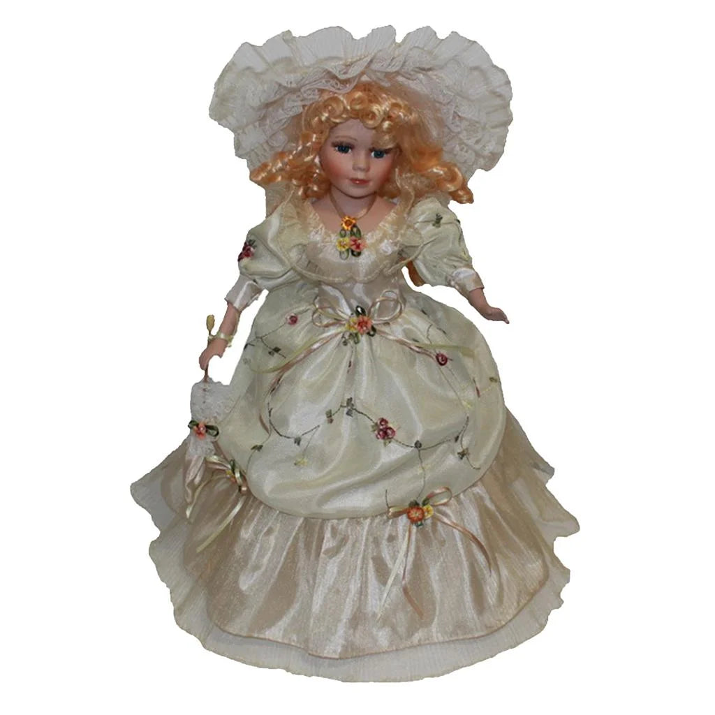 40cm Porcelain Doll with Curly Hair, Umbrella and Clothing Collectible Toy D455