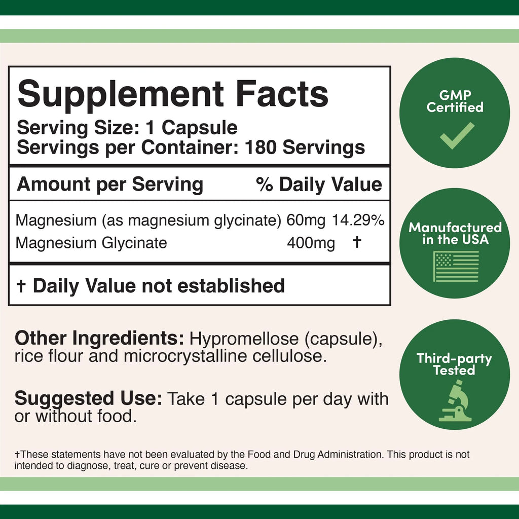Magnesium Glycinate 400mg, 180 Capsules Y426240