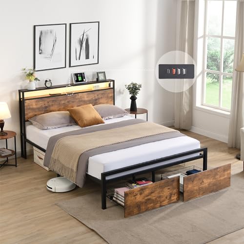 Full Size Metal Platform Bed with Storage Headboard and 2 Drawers V59271