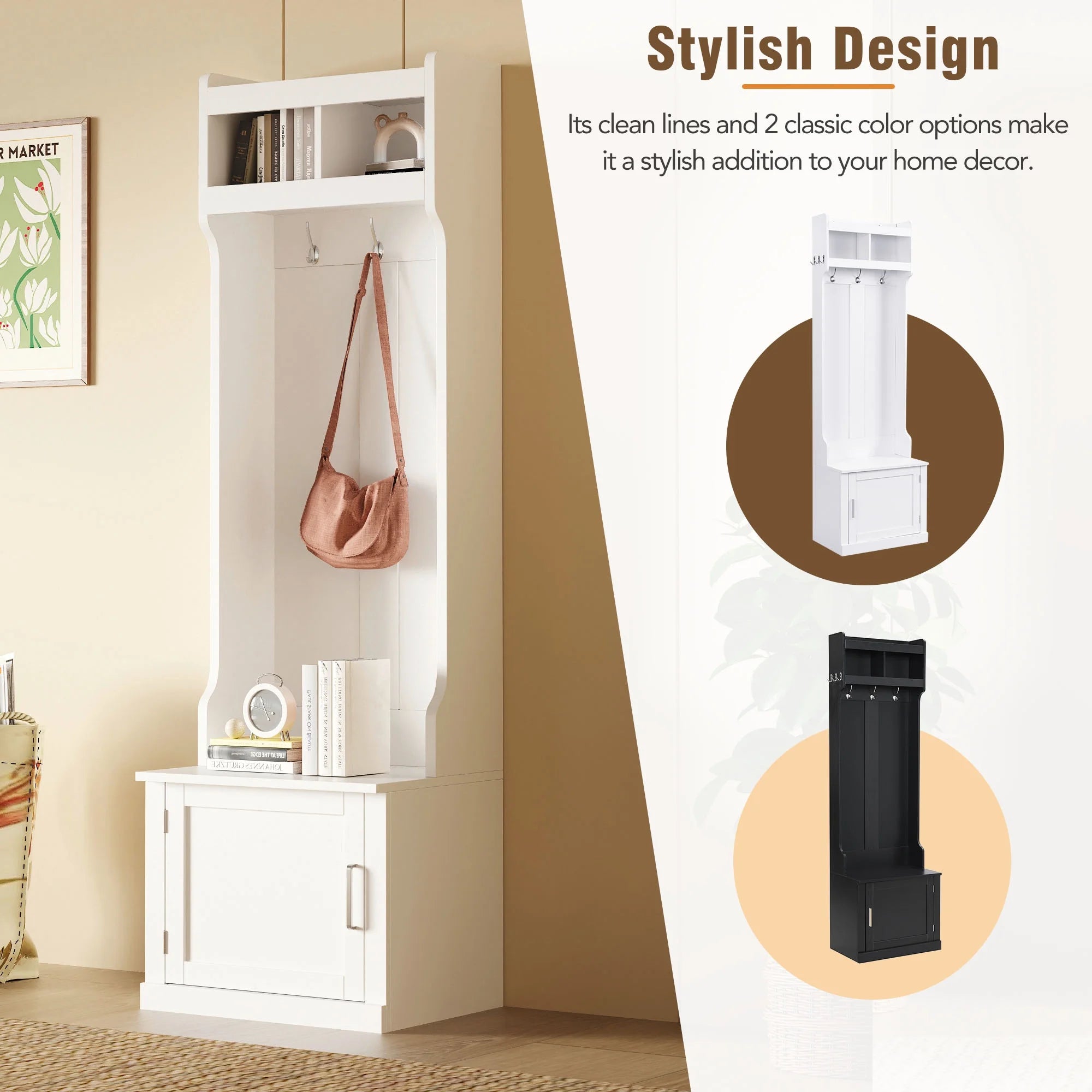 White Slim Hall Tree with Cabinet & 6 Hanging Hooks Storage Bench with Coat Rack K427