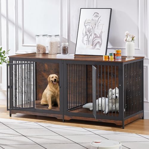 71'' Wooden Double Dog Crate Kennel Cage, Brown K718653