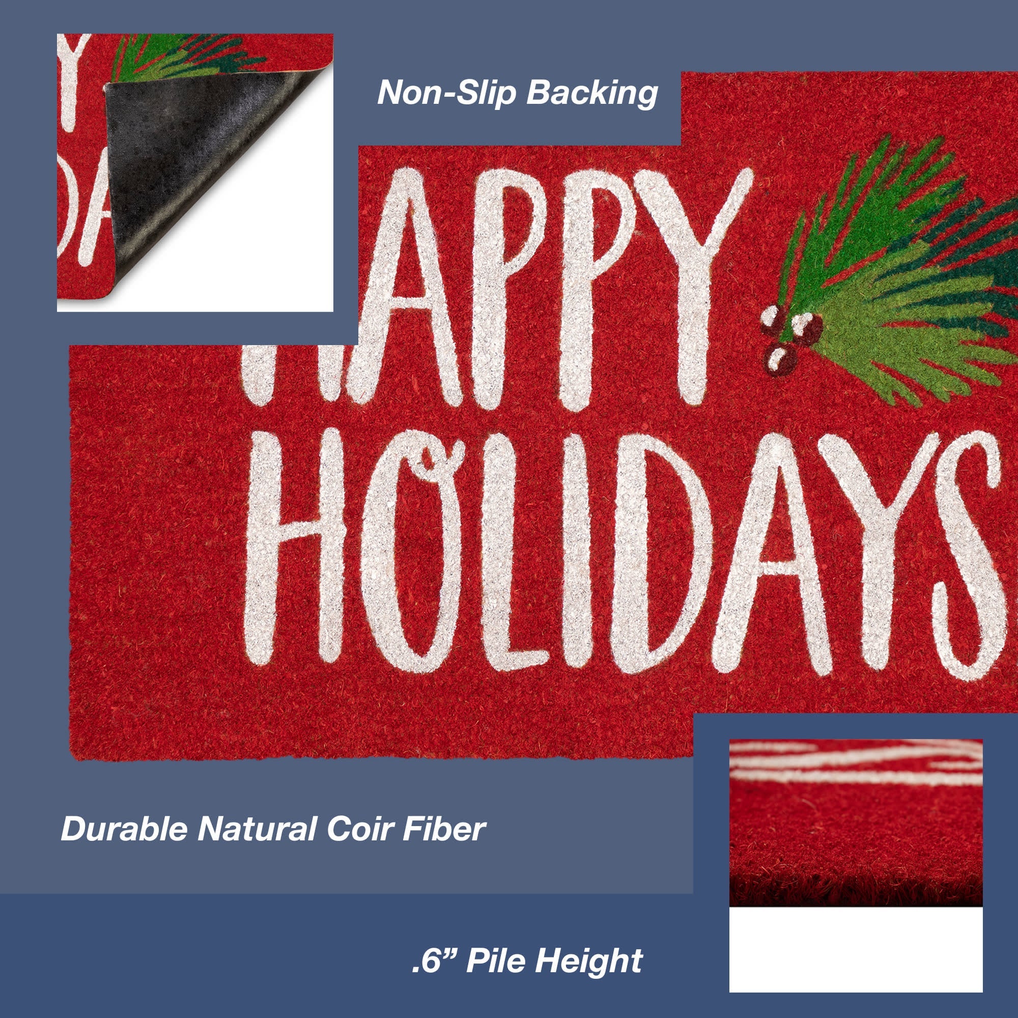 Natura Happy Holidays Holly Coir Doormat with Non-Slip Backing