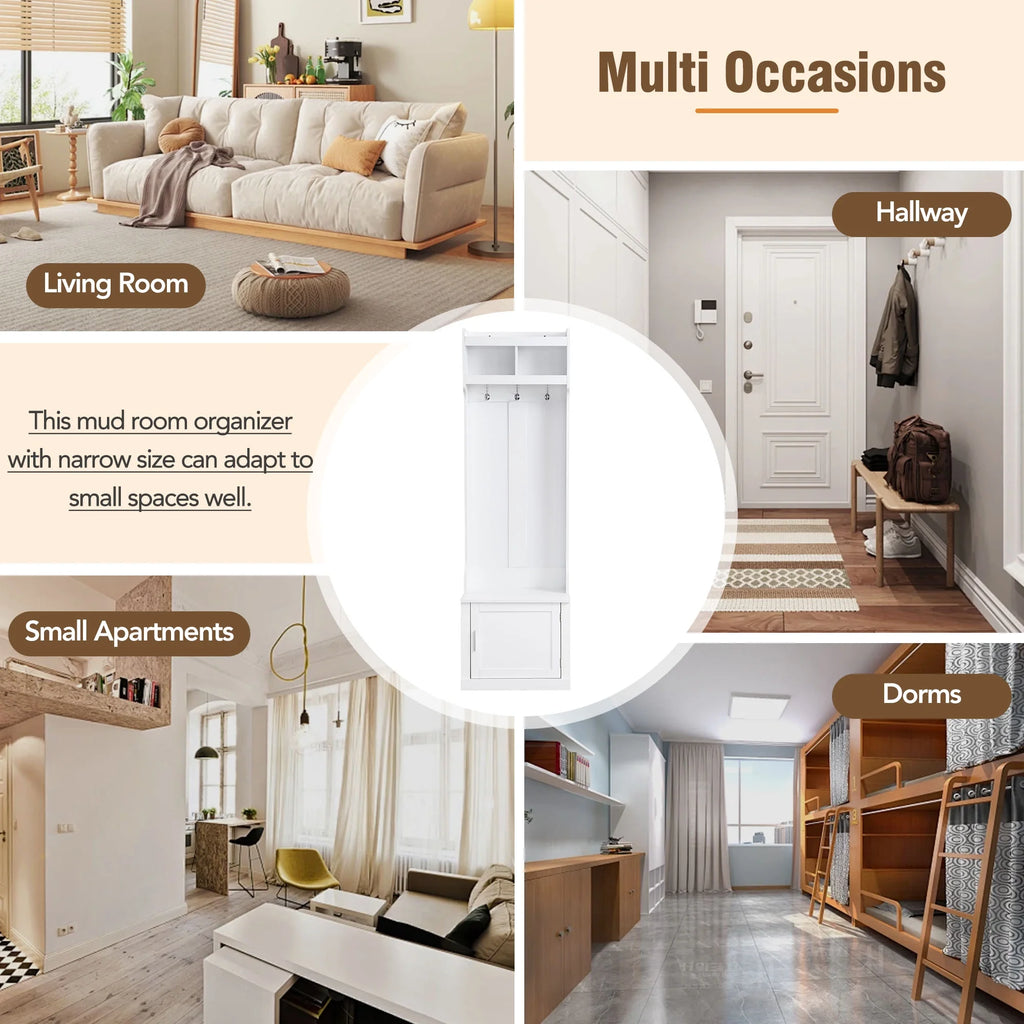 White Slim Hall Tree with Cabinet & 6 Hanging Hooks Storage Bench with Coat Rack K427
