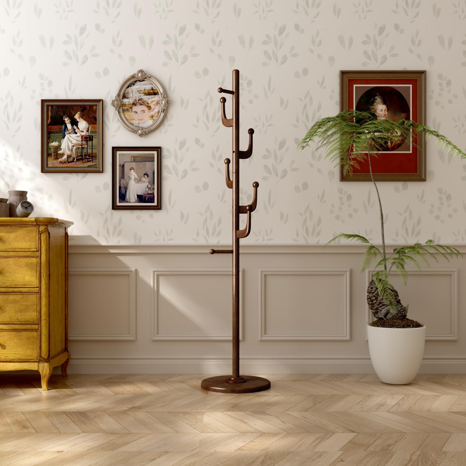 Brown Freestanding Wood Coat Rack Y652