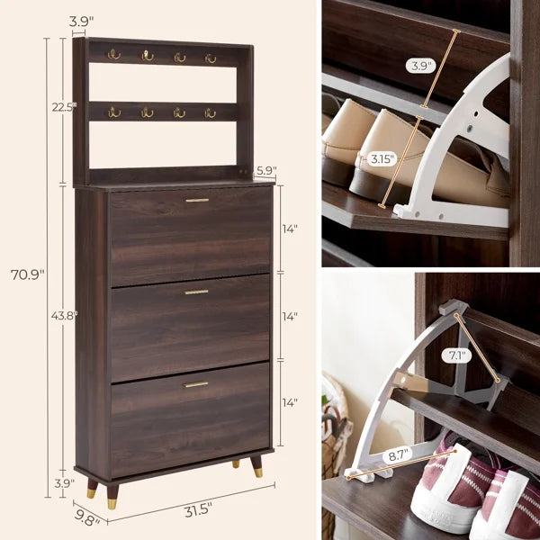 Brown Wardrobe Armoire Closet with 12 Hooks & 3 Shoe Cabinets G632