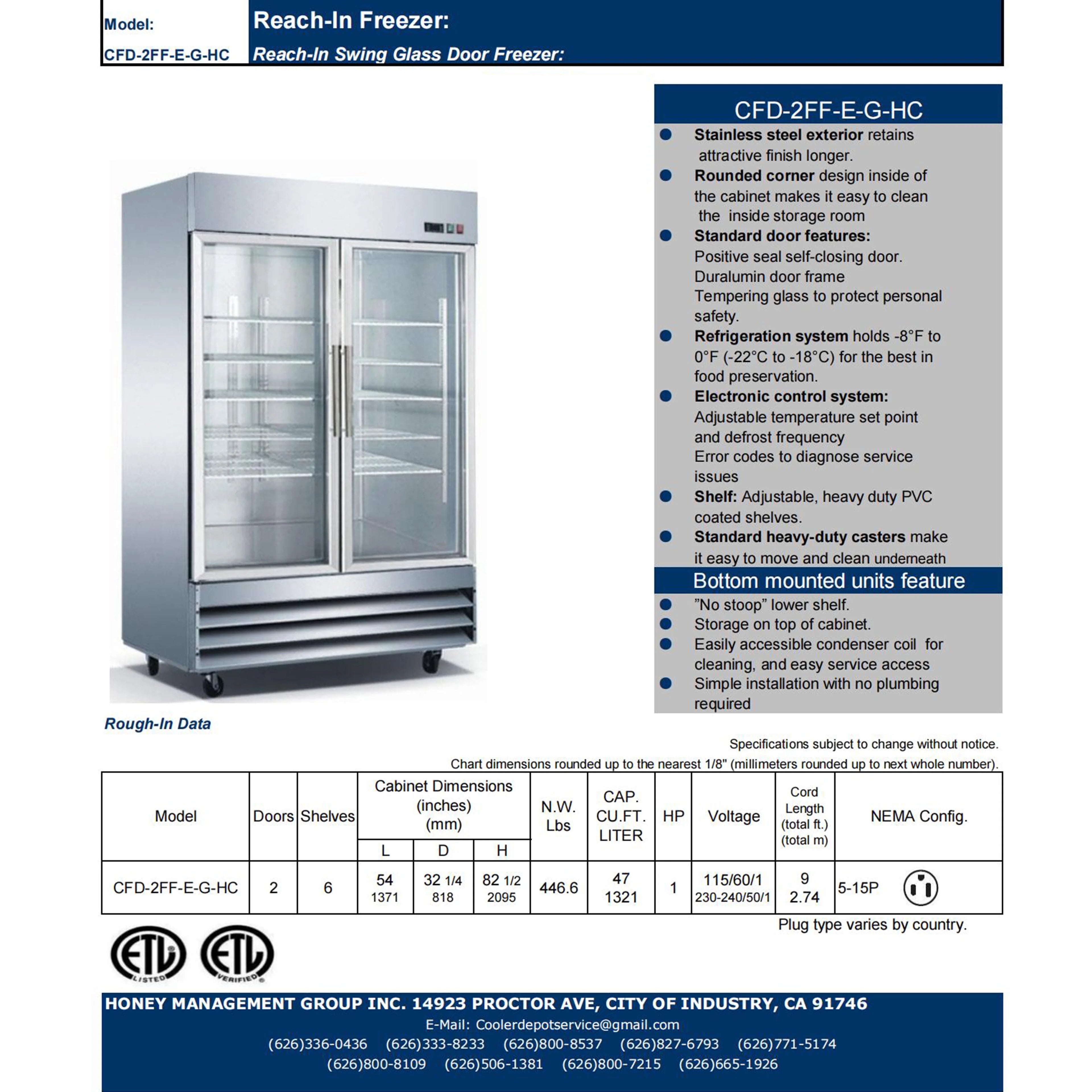 54 in. Two Glass Swing Door Stainless Steel Upright Reach-In Commercial Freezer 47 Cu. ft. Y740378