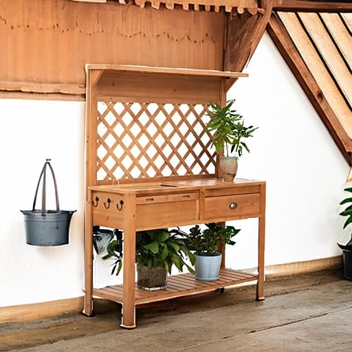 Outsunny Garden Potting Bench, Outdoor Wooden Workstation Table with Metal Screen, Drawer, Hooks, Storage Shelf, and Lattice Back E2159