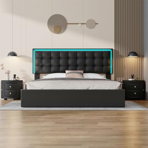 Queen Size Upholstered Bed with LED Headboard and 2 Nightstand H34923