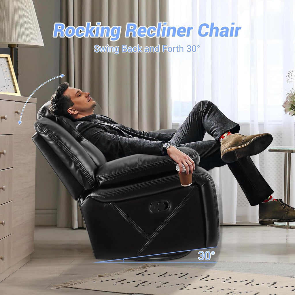 Black PU Faux Manual Swivel Rocker Recliner Chair Z47759