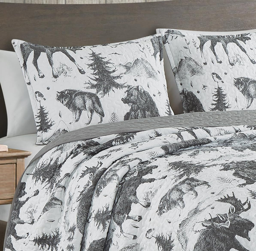 3-Piece King White Black Gray Microfiber Quilt Set X968673